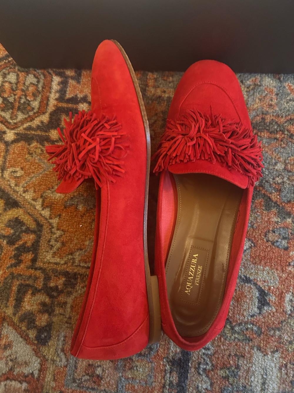 Aquazzura Red Suede Tassel Flats -Like New - Sz 8/38